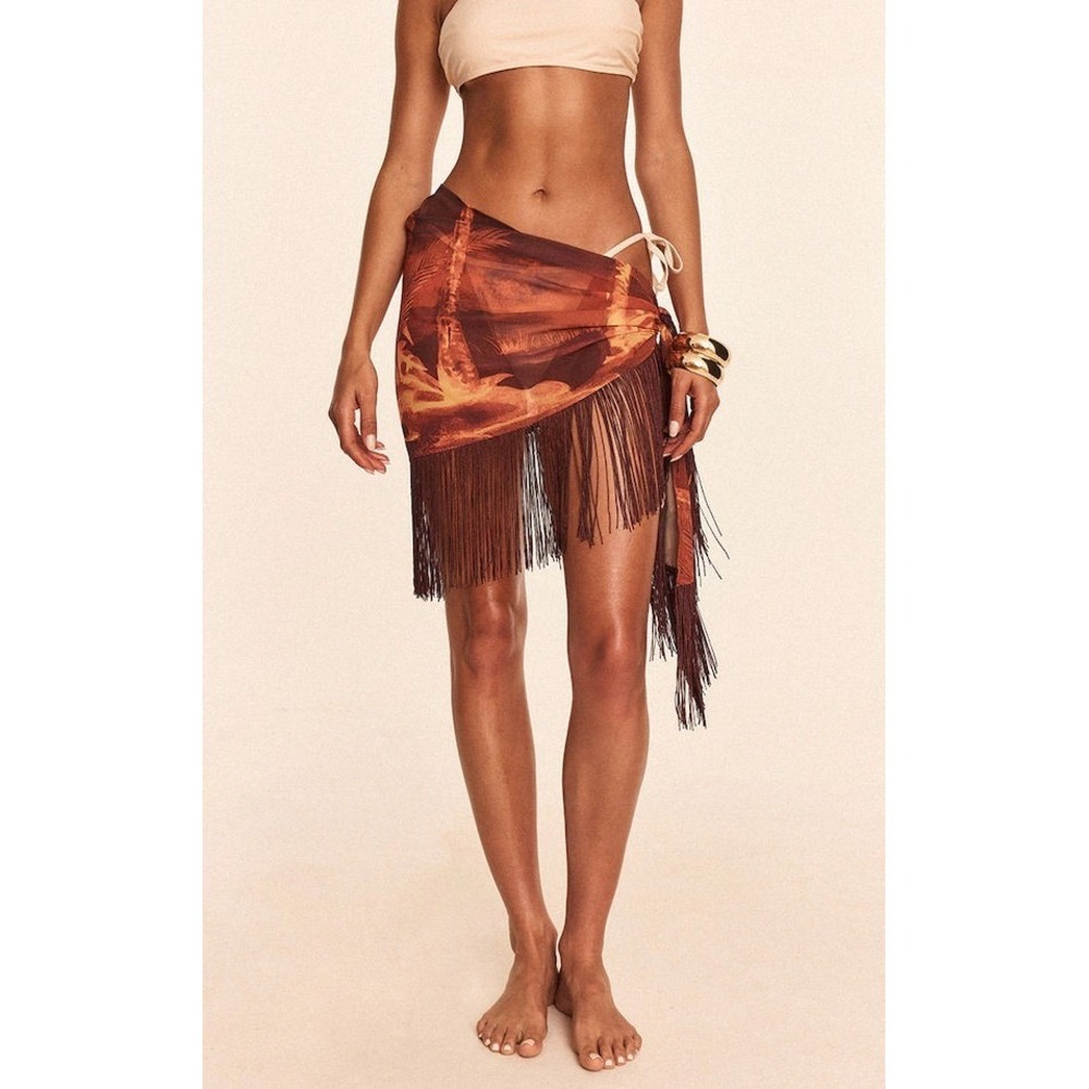 Pretty Little Thing PLT Chocolate Palm Print Chiffon Fringe Trim Sarong - M